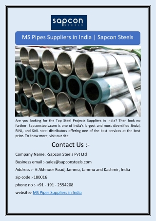 MS Pipes Suppliers in India | Sapcon Steels