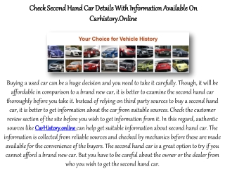 Check Second Hand Car Details With Information Available On Carhistory.Online