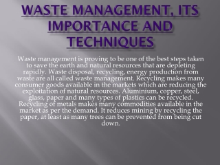 Waste Management, Its Importance And Techniques