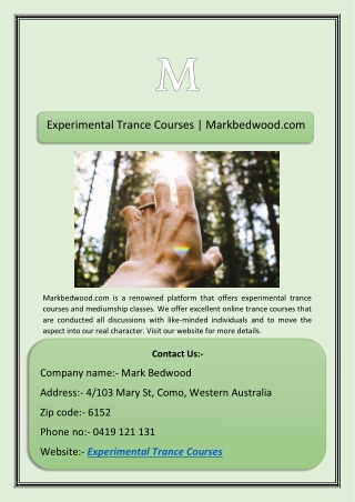 Experimental Trance Courses | Markbedwood.com