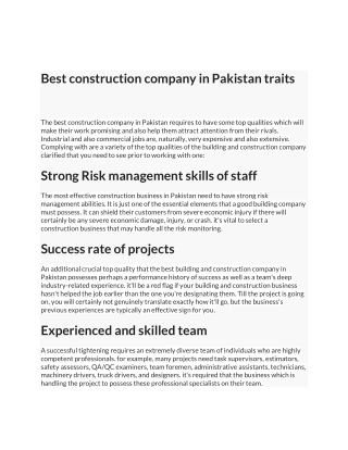 Best construction company in Pakistan traits