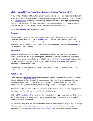 What is the Use of Different Types of Relays: Contactors, Electric and Protection Relays?