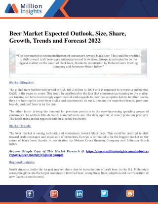 Beer Market Expected Outlook, Size, Share, Growth, Trends and Forecast 2022