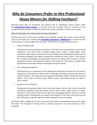 Why do Consumers Prefer to Hire Professional House Movers for Shifting Furniture?