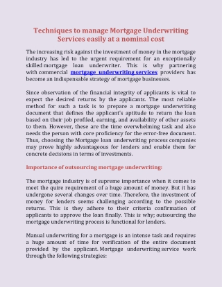 Techniques to Manage Mortgage Underwriting Services Easily at A Nominal Cost