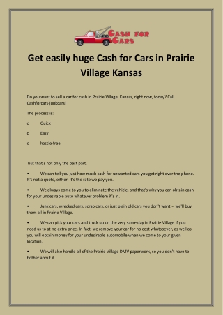 Get easily huge Cash for Cars in Prairie Village Kansas