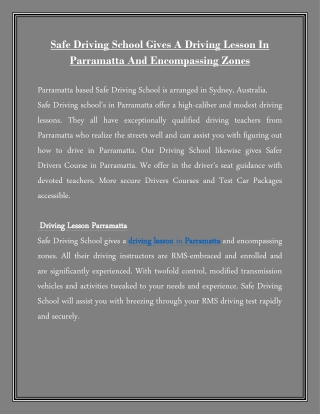 Safe Driving School Gives A Driving Lesson In Parramatta And Encompassing Zones