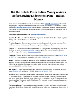 Get the Details From Indian Money reviews Before Buying Endowment Plan – Indian Money