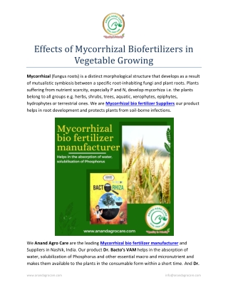 Effects of Mycorrhizal Biofertilizers in Vegetable Growing