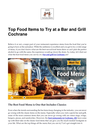 Top food items to try at a bar and grill cochrane