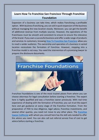 Learn How To Franchise San Francisco Through Franchise Foundation