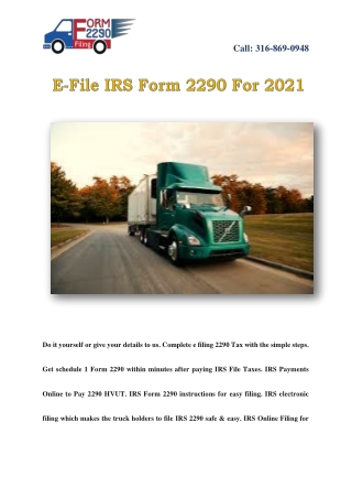 Form 2290 E File | Highway Tax 2290 Online | Truck Dues 2290 | 2290 Fee