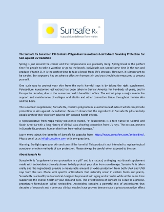 The Sunsafe Rx Sunscreen Pill Contains Polypodium Leucotomos Leaf Extract Providing Protection For Skin Against UV Radia