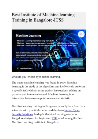 Best Institute of Machine learning  Training in Bangalore-ICSS