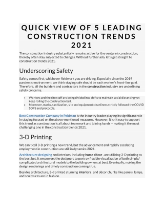 QUICK VIEW OF 5 LEADING CONSTRUCTION TRENDS 2021