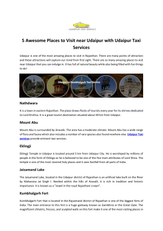 5 Awesome Places to Visit near Udaipur with Udaipur Taxi Service
