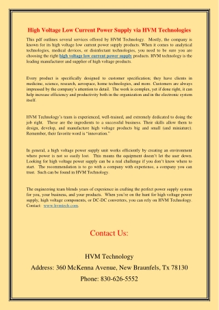 High Voltage Low Current Power Supply via HVM Technologies