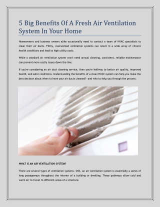 Big Benefits Of A Fresh Air Ventilation System In Your Home