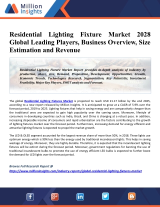 Residential Lighting Fixture Market 2021 Key Players, Industry Overview, Supply Chain And Analysis To 2028