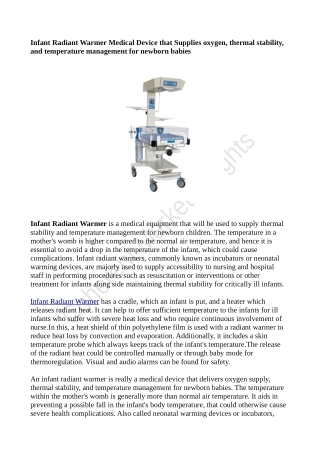 Infant Radiant Warmer Medical Device that Supplies oxygen, thermal stability, and temperature management for newborn bab