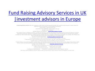 Fund Raising Advisory Services in UK |investment advisors in Europe