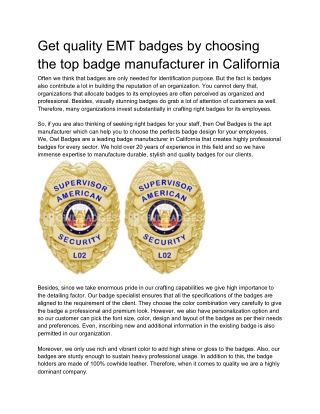 Get quality EMT badges by choosing the top badge manufacturer in California