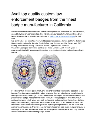 Avail top quality custom law enforcement badges from the finest badge manufacturer in California