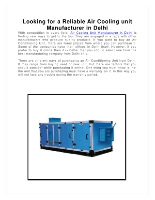 Looking for a Reliable Air Cooling unit Manufacturer in Delhi