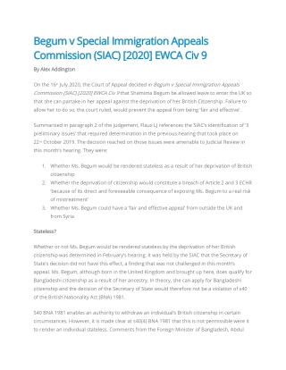 Immigration Solicitors in London - Begum v Special Immigration Appeals Commission (SIAC) [2020] EWCA Civ 9