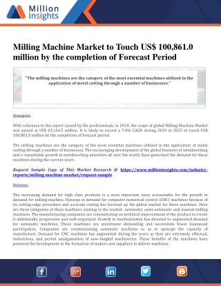 Milling Machine Market to Touch US$ 100,861.0 million by the completion of Forecast Period