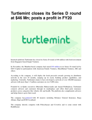 Turtlemint closes its Series D round at $46 Mn; posts a profit in FY20