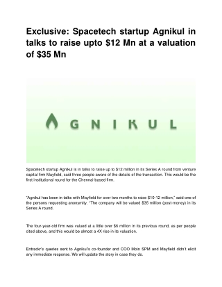 Exclusive: Spacetech startup Agnikul in talks to raise upto $12 Mn at a valuation of $35 Mn