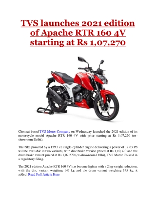 TVS launches 2021 edition of Apache RTR 160 4V starting at Rs 1,07,270