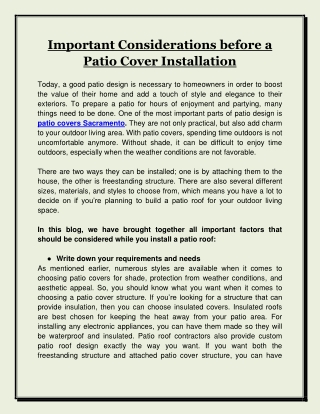 Important Considerations before a Patio Cover Installation