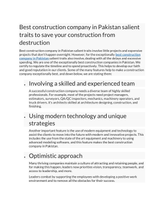 Best construction company in Pakistan salient traits to save your construction from destruction