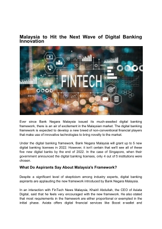 Malaysia to Hit the Next Wave of Digital Banking Innovation