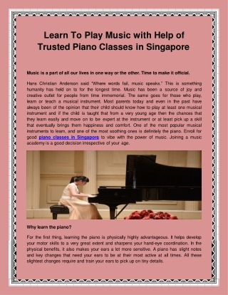 Learn To Play Music with Help of Trusted Piano Classes in Singapore