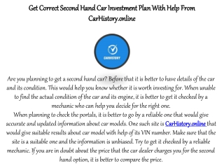 Get Correct Second Hand Car Investment Plan With Help From CarHistory.online