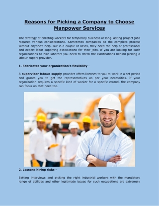 Reasons for Picking a Company to Choose Manpower Services