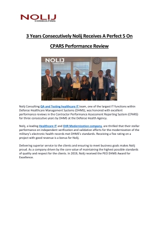 3 Years Consecutively Nolij Receives A Perfect 5 On CPARS Performance Review from Defense Health Agency