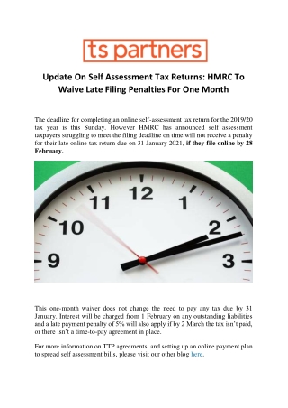 Update On Self Assessment Tax Returns: HMRC To Waive Late Filing Penalties For One Month