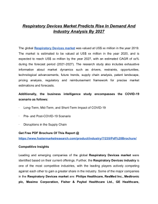Respiratory Devices Market To Rear Excessive Growth During 2021 And Forecast 2027