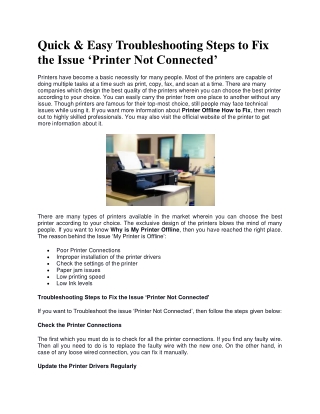 Quick & Easy Troubleshooting Steps to Fix the Issue ‘Printer Not Connected’
