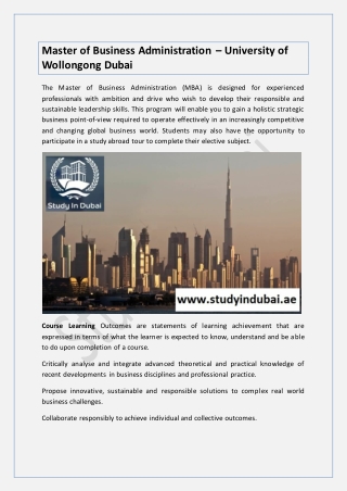 Master of Business Administration – University of Wollongong Dubai