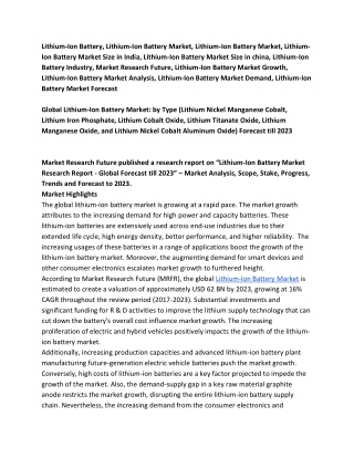 Lithium-Ion Battery Market Drives, Revenue, Challenges and Global Forecast 2023