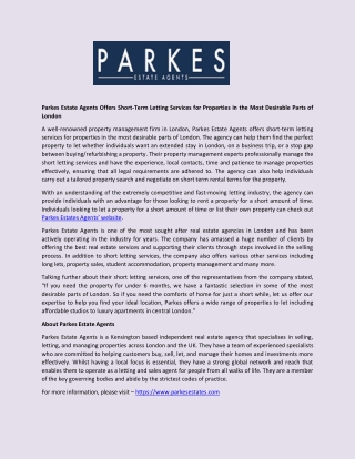Parkes Estate Agents Offers Short-Term Letting Services for Properties in the Most Desirable Parts of London