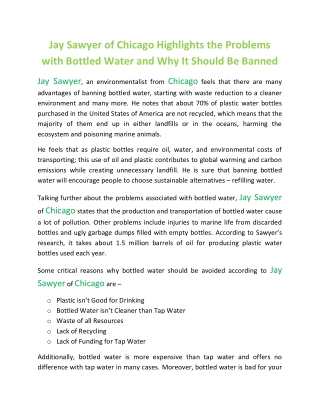 Jay Sawyer of Chicago Highlights the Problems with Bottled Water and Why It Should Be Banned