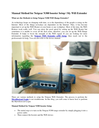 Manual Method for Netgear N300 booster Setup | My WiFi Extender