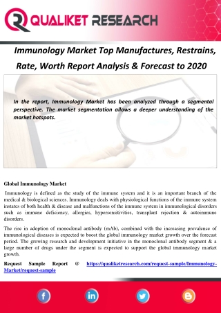 Immunology Market Top Manufactures, Restrains,  Rate, Worth Report Analysis & Forecast to 2020