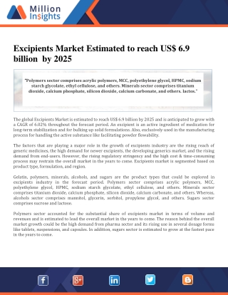 Excipients Market Estimated to reach US$ 6.9 billion  by 2025